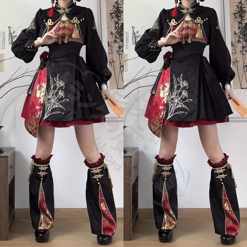 新年 用コスプレ衣装 オリジナ降国風少ハロウィLolitダークワンピー中華風セッ上着 ストラップワンピース スカート レッグウォーマ高品質素舞台撮影イベントプレゼントに最適