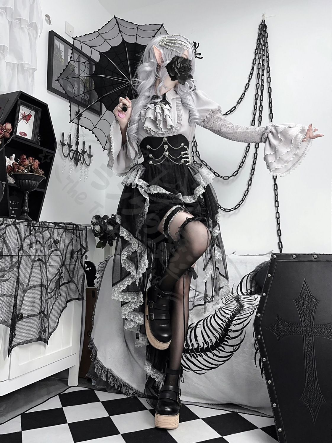 新年 用コスプレ衣装 オリジナル灰暗童話風ゴシックロリータセットアッ万聖節特別デザイ十字架ダークロリータコスプ高品質