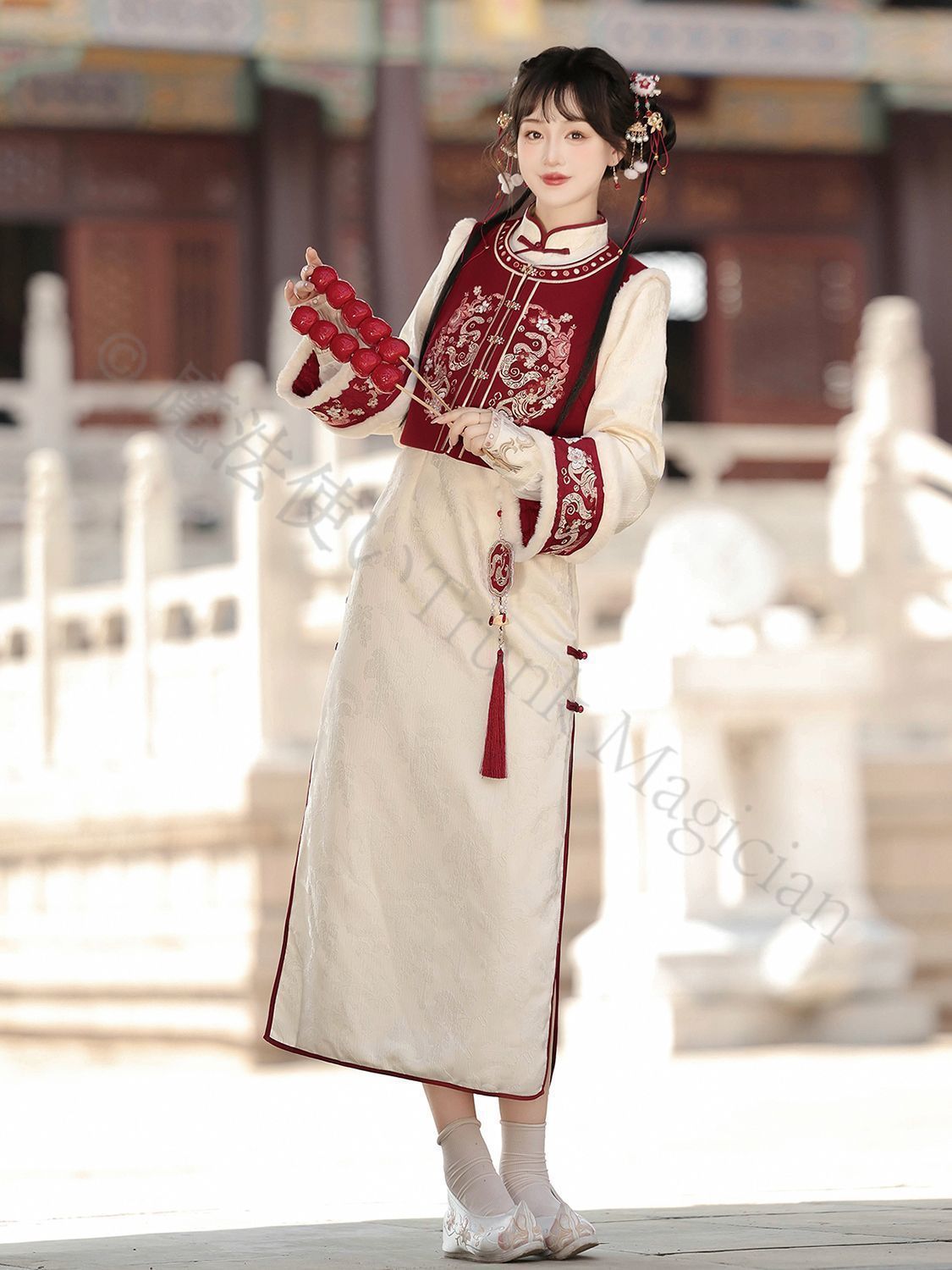 新年 用コスプレ衣装 金蛇招福 新中式漢服セット 馬甲 旗袍 飾り付き 長袖デザイン 春節 年始挨拶用 S M Lサイズ対応