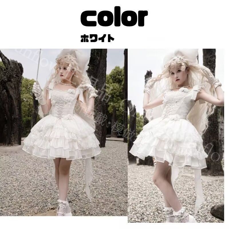 ゴスロリ ホワイト フリル付き ゴシックロリータワンピース ヘッドドレスセット フリル 白 ゴシック ドレス ゴシックロリータ 黒リボンが揺れる