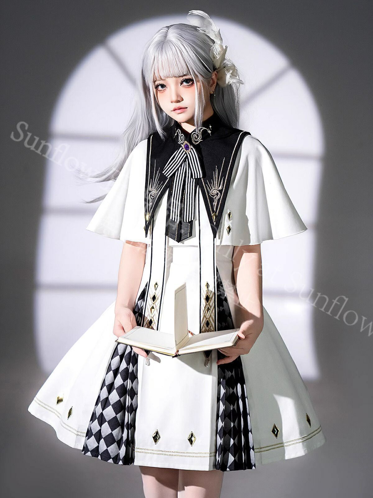 ロリータ ワンピース 3点セット ノースリーブ チェック柄 ショール付き 聖女風 騎士風 つけ襟 純潔 ジャンパースカート ゴシック 暗黒風 膝丈 可愛い エレガント 写真撮り ハロウィン衣装 コスチューム 舞台衣装 演出服 CJSP008