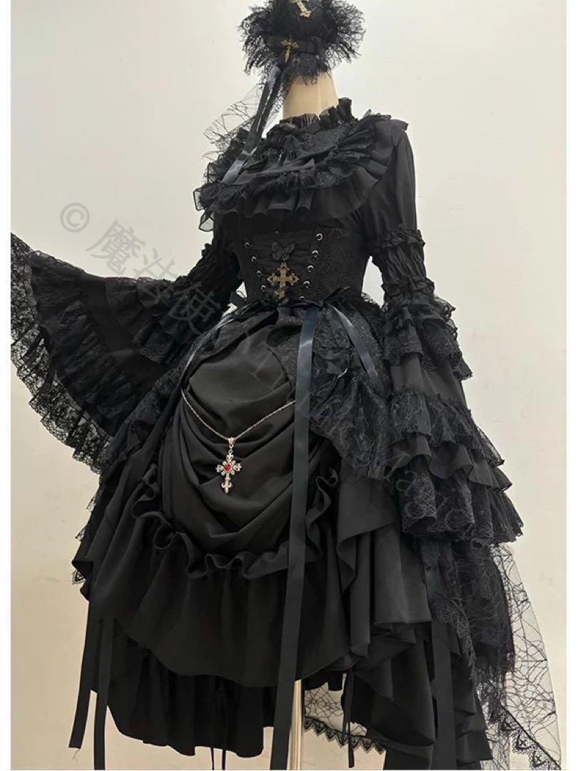新年 用コスプレ衣装 3点セット 黒ゴスロリ ロリータゴシック スカート 姫袖ブラウス ウエストカバー