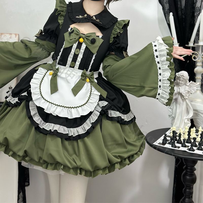 新年 コスプレ メイド 誓約メイド風 ロリータ 短袖ワンピ 花苞デザイン 手袋 エプロン付き S～L ブルー 黒 紫 ピンク グリーン