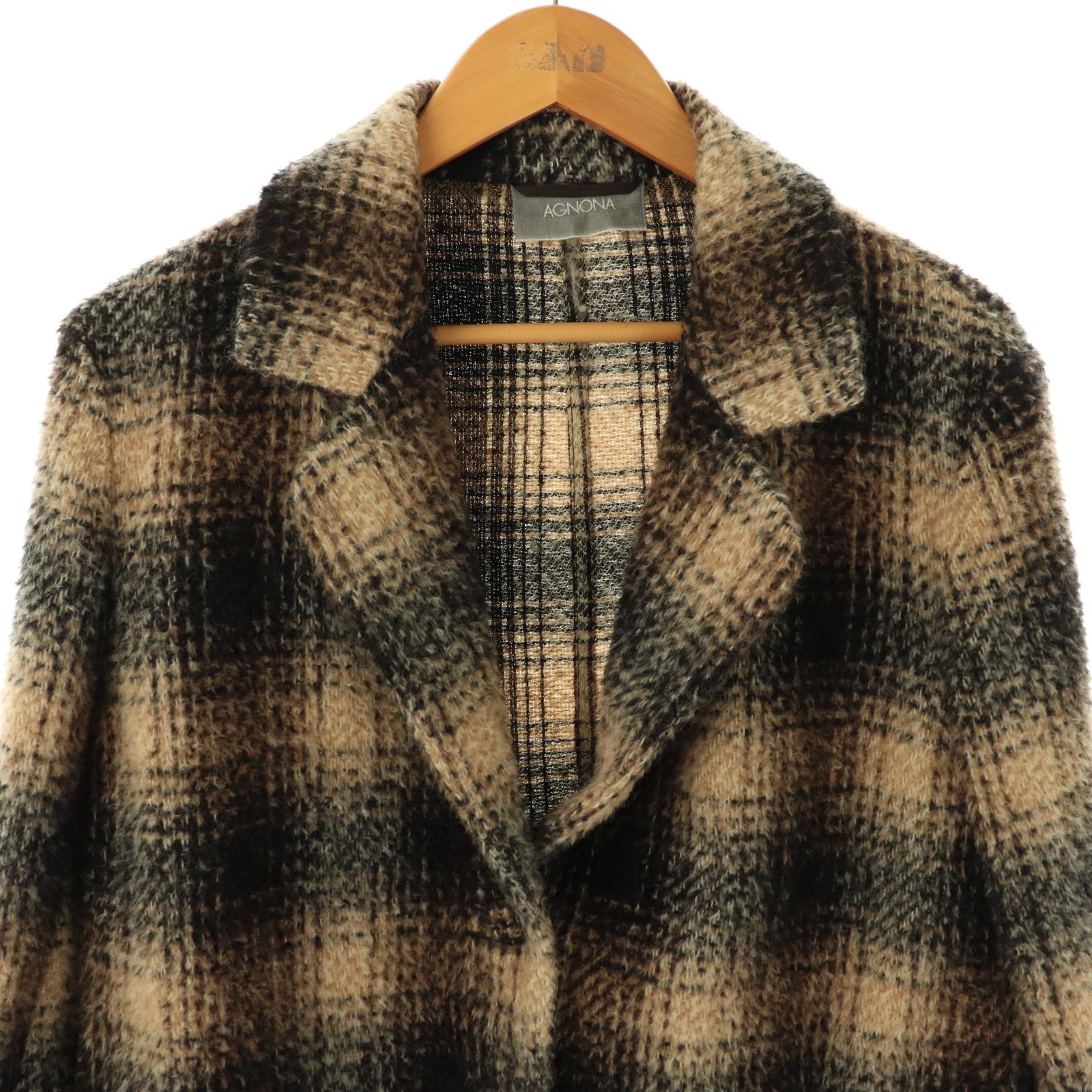 アニオナ AGNONA コート チェック ウール モヘア 44 ベージュ ブラック