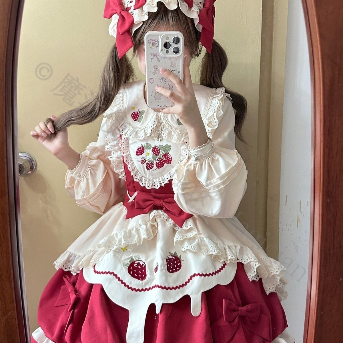 新年 用コスプレ衣装 苺柄 ロリータワンピース JSK 甘ロリデザイン リボン付き フリル装飾 ピンクドレス 撮影 イベント用 S～XLサイズ