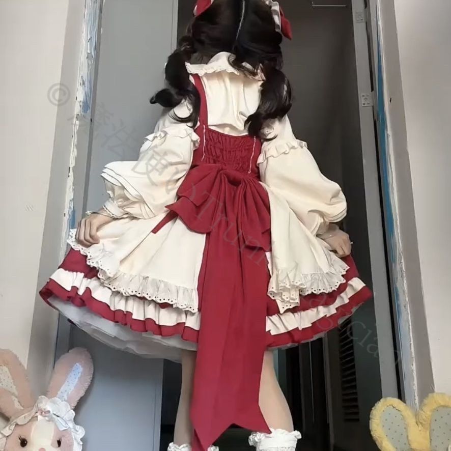 新年 用コスプレ衣装 苺柄 ロリータワンピース JSK 甘ロリデザイン リボン付き フリル装飾 ピンクドレス 撮影 イベント用 S～XLサイズ