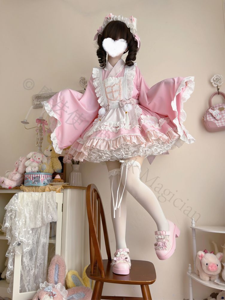 新年 用コスプレ衣装 和風メイドセット コスプレ デザイン 上衣 スカート エプロン 蝶結び4点セット S Lサイズ 多色展開 ピンク ブラック イエロー ブルー 撮影 推し活 舞台用 衣装