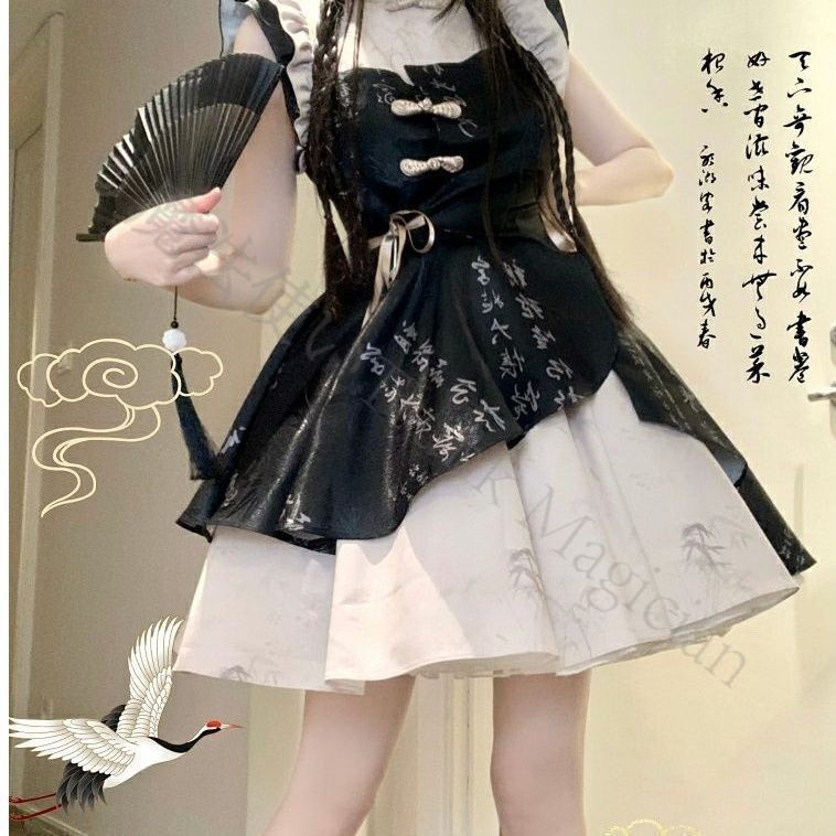 新年 用コスプレ衣装 グリーン ブラック 姫袖 チャイナ風 ロリィタ セットアップ 地雷系 サブカル パンク サイバー y 2 k 原宿 渋谷 推し活 病みかわ かわいい コスプレ ガーリー系 フリル