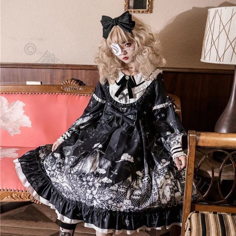 新年 用コスプレ衣装 ゴシック調デザイン 古城の夜 長袖オリジナル ロリータワンピース OPドレス フリル付き エディション S～Lサイズ ブラック 暗黒系 高品質 コスプレ 衣装 イベント 撮影用