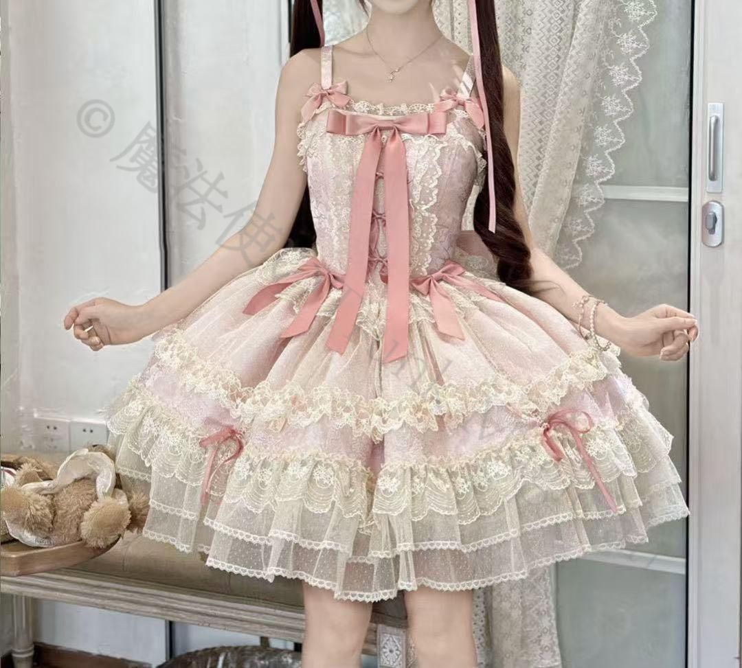 新年 用コスプレ衣装 ピンク ロリータドレス かわいいJSK サスペンダードレス アイドル服 甘ロリ