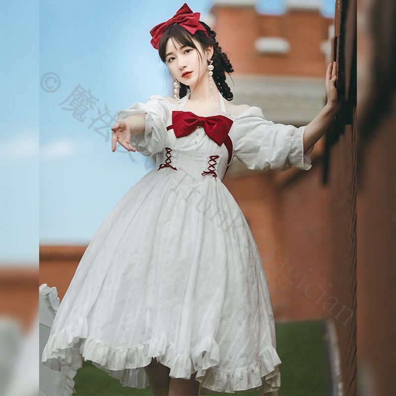 新年 用コスプレ衣装 オリジナルデザイン ロリータワンピース 一字肩 2 WAY クラシックCLAスタイル 花びらスカート OP リボンベルト付き 秋服 レディース向け