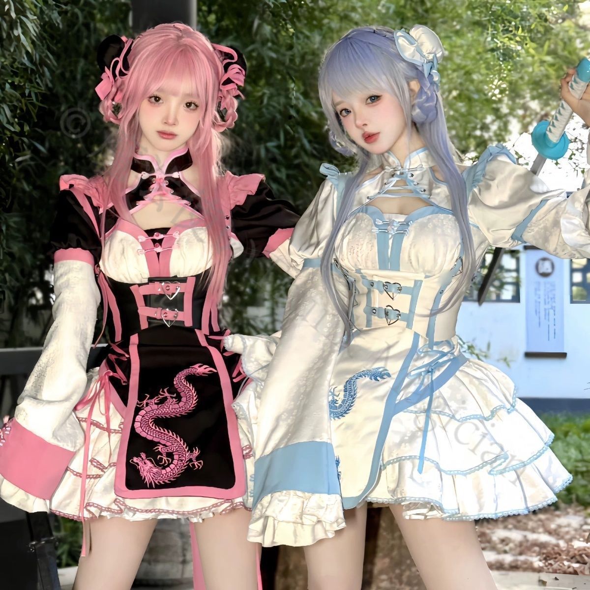 新年 用コスプレ衣装 中華風 Lolita連衣裙 旗袍改良 スイート＆スパイシー ドラゴンモチーフ 甘辛デザイン 長袖ワンピース ピンク ブラック コスプレ衣装 特別イベント用 高品質 レディース