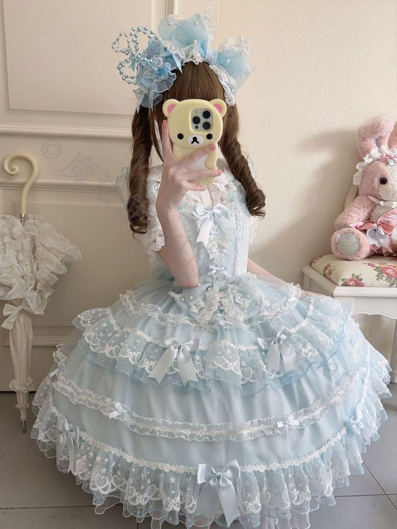 新年 用コスプレ衣装 韓嬢 ゴスロリ ロリータドレス 甘ロリ JSKリボン 髪飾り3点セット 水色