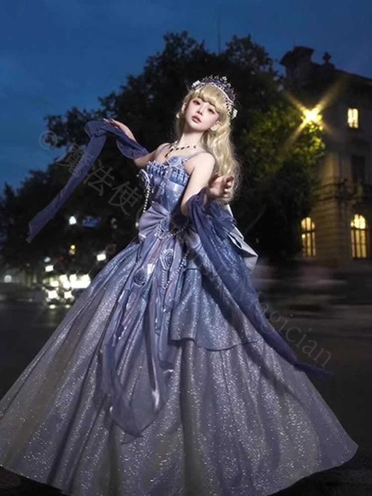 新年 用コスプレ衣装 夜空に咲く青薔薇の輝き 月光を纏うロイヤルブルードレス ゴスロリ