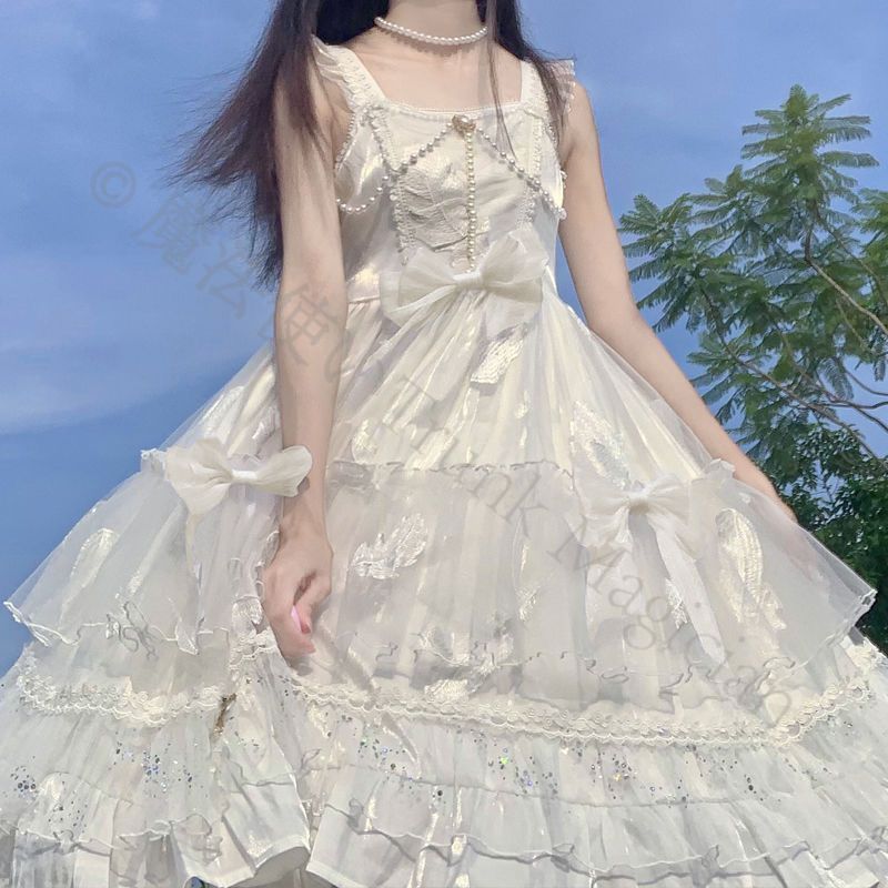 新年 用コスプレ衣装 オリジナルデザイン ロリータ風 繁星と蛍 ジャンパースカート JSK 吊りスカート 豪華レース＆フリル装飾 優雅なブラック＆ホワイト イベント用 コスプレワンピース ハイウエストデザイン 夏季向け