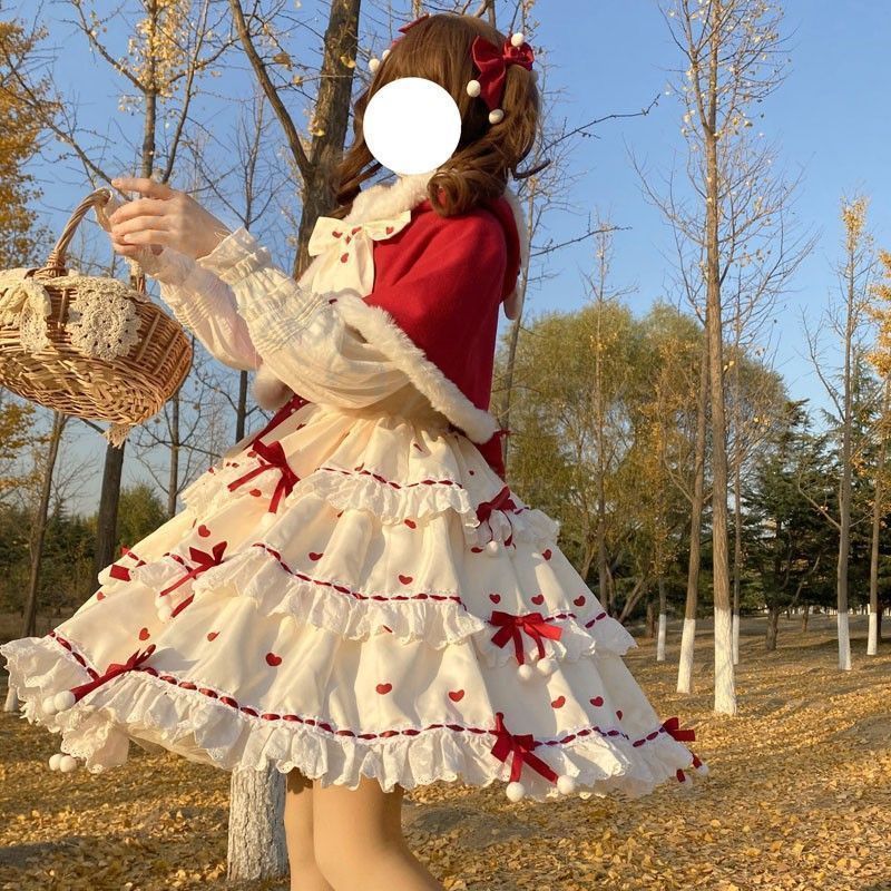 新年 コスプレ 冬日恋曲 オリジナルLolitaドレス ハートデザイン フリル＆リボン付き レッドケープ 大人 撮影会 イベント プレゼント