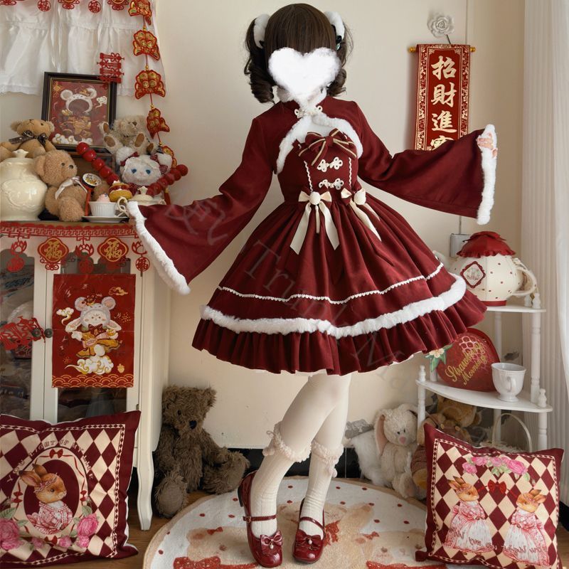 新年 用コスプレ衣装 冬季暖かい ロリータ洋装 新年特別デザイン ジャンパースカート 吊り帯付きドレス 2点セット 女の子向け おしゃれ 優雅 韓国風 コスプレ 撮影会 発表会 イベント 推し活 高品質