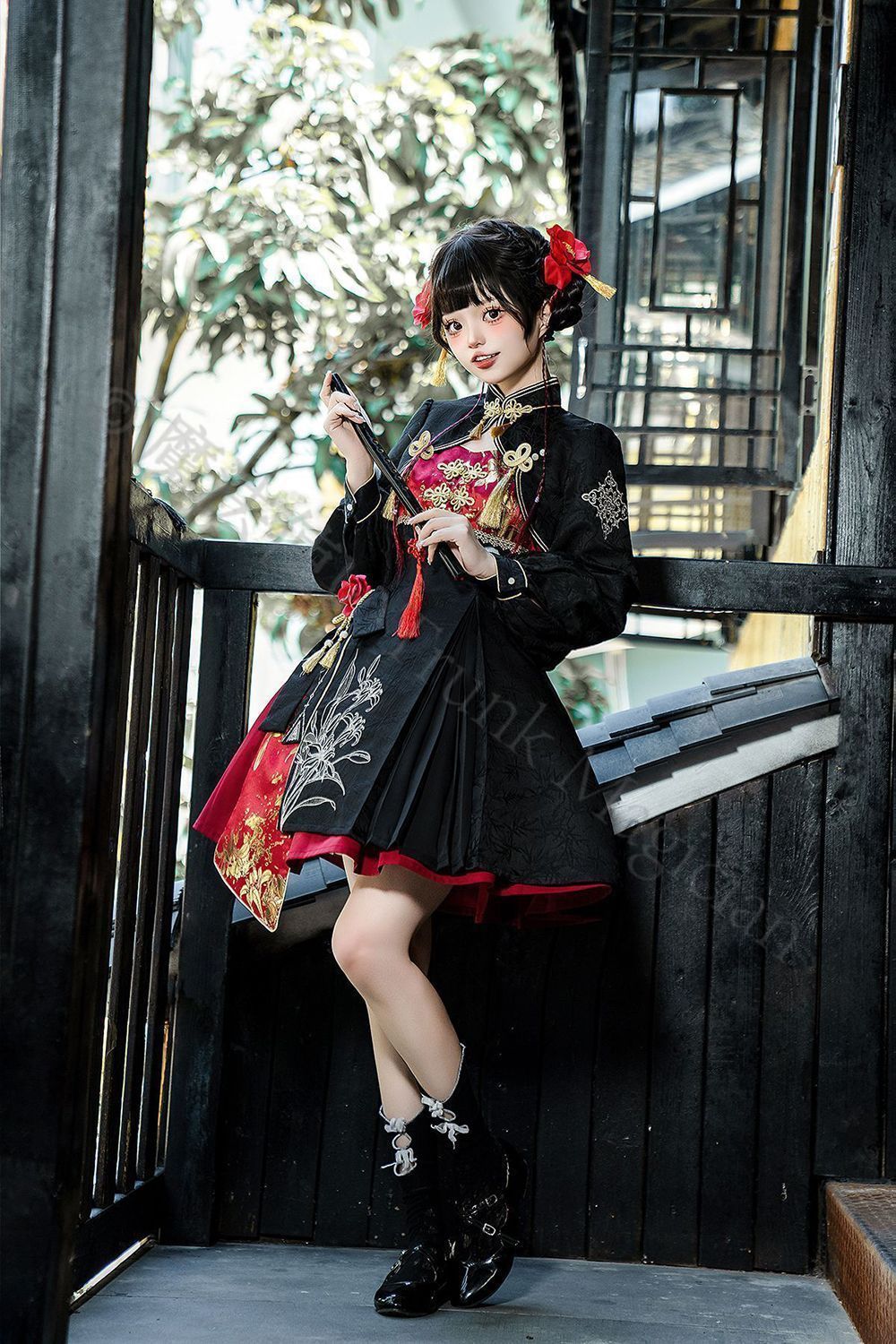 新年 コスプレ 捉妖少女 Lolita ロリータ 国風 新中式 吊りスカート＆半スカート 上着 脚カバー セットアップ 提花生地 高品質 撮影会 仮装 イベント プレゼント