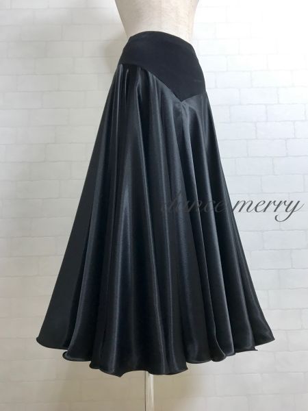 MERRY】新品 フレアー最大 サテン パソドブレ スカート 社交ダンス 黒