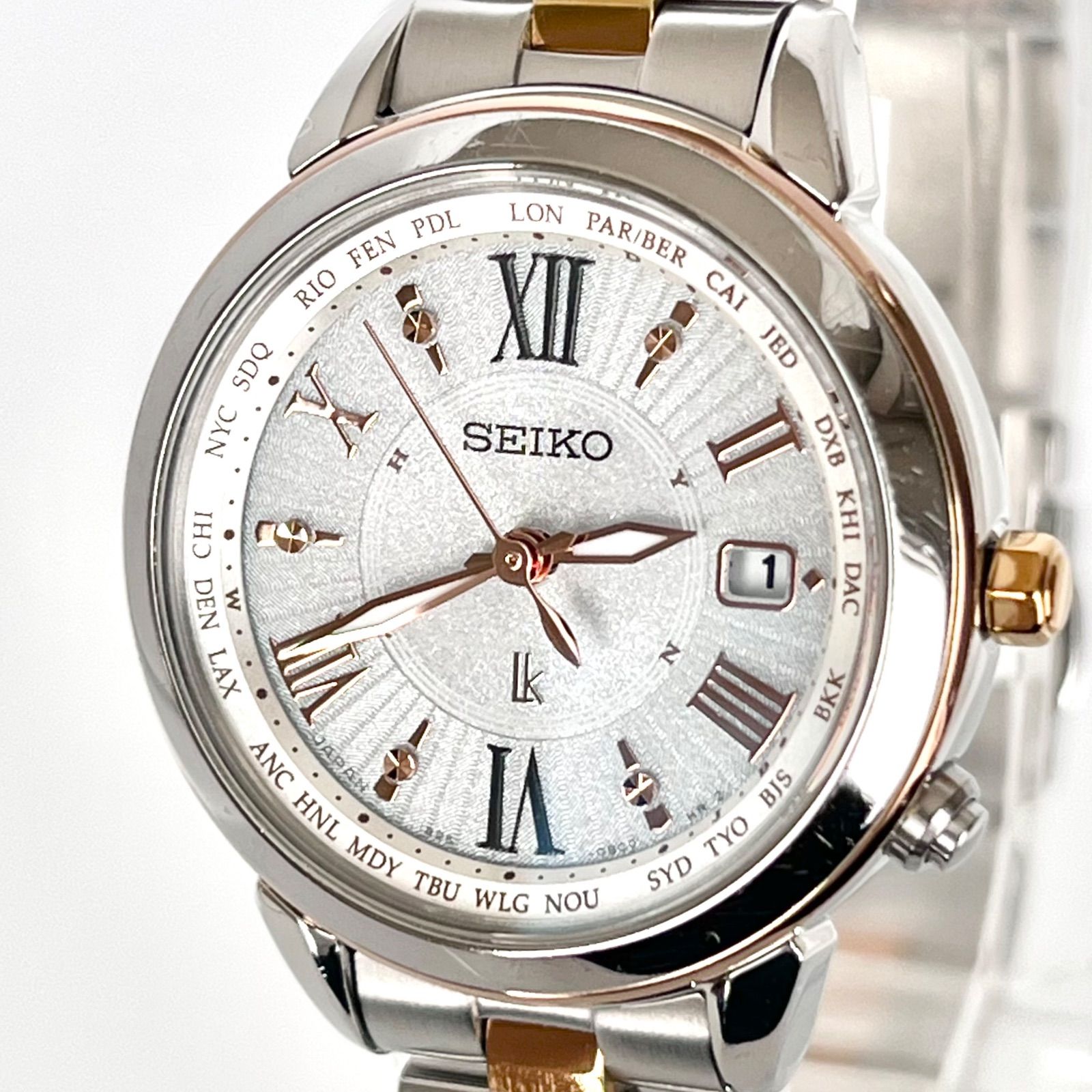 セイコー ルキア レディース 腕時計 稼働 電波ソーラー 磨き済み SEIKO LUKIA ゴールド 白シルバー文字盤
