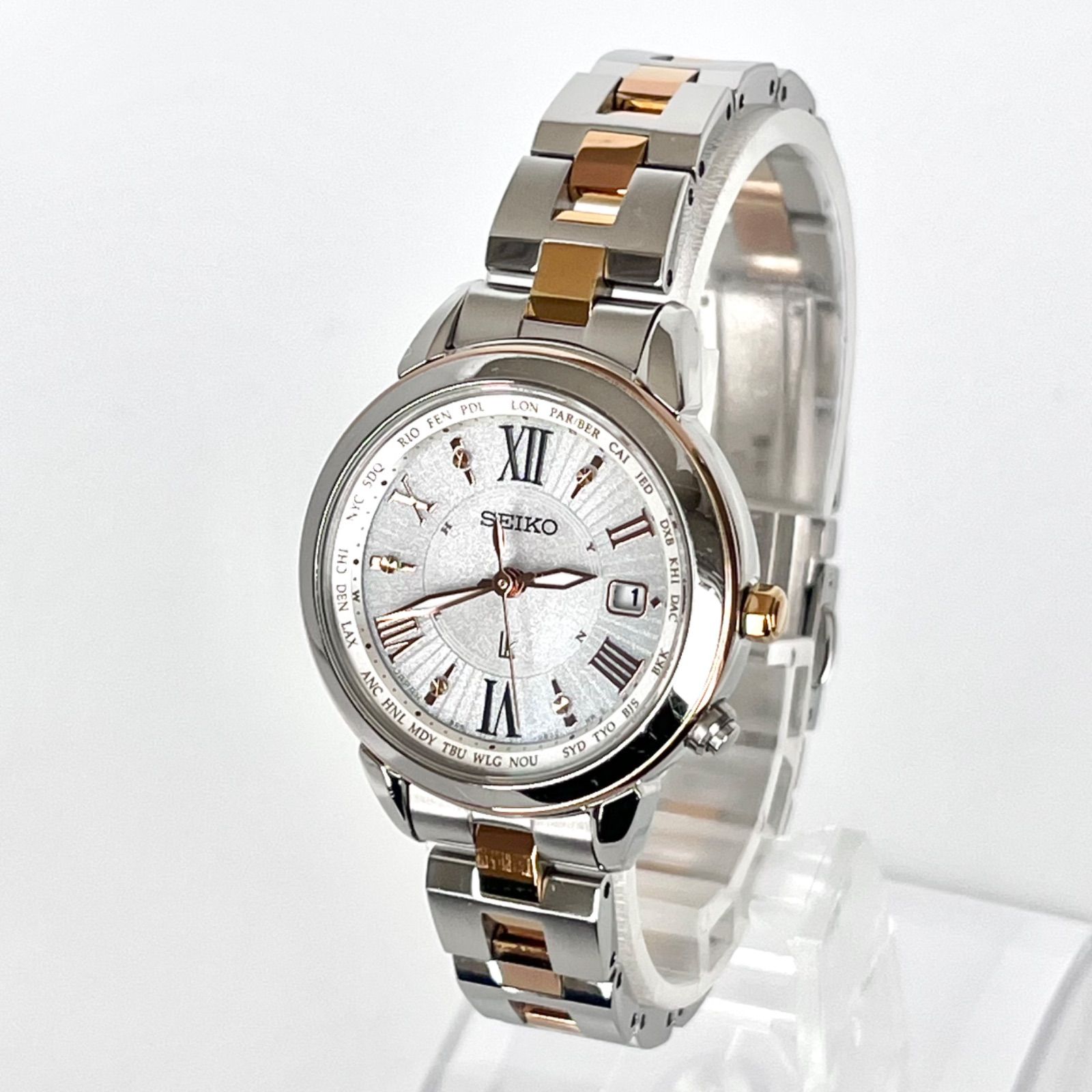 セイコー ルキア レディース 腕時計 稼働 電波ソーラー 磨き済み SEIKO LUKIA ゴールド 白シルバー文字盤