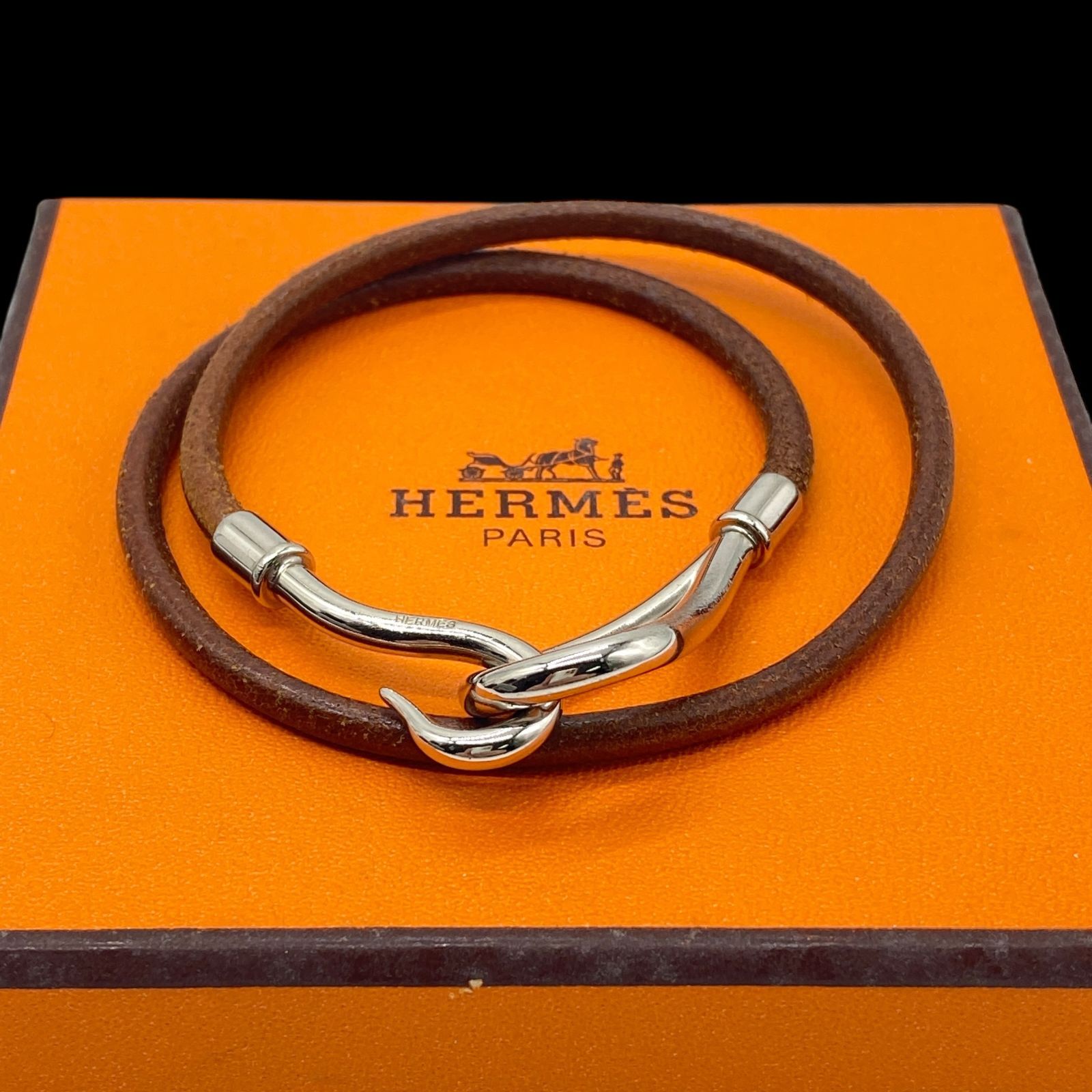 HERMES エルメス ジャンボ チョーカー ネックレス 2連レザーブレスレット フック シルバー金具 刻印 ブラウン ヴィンテージ き