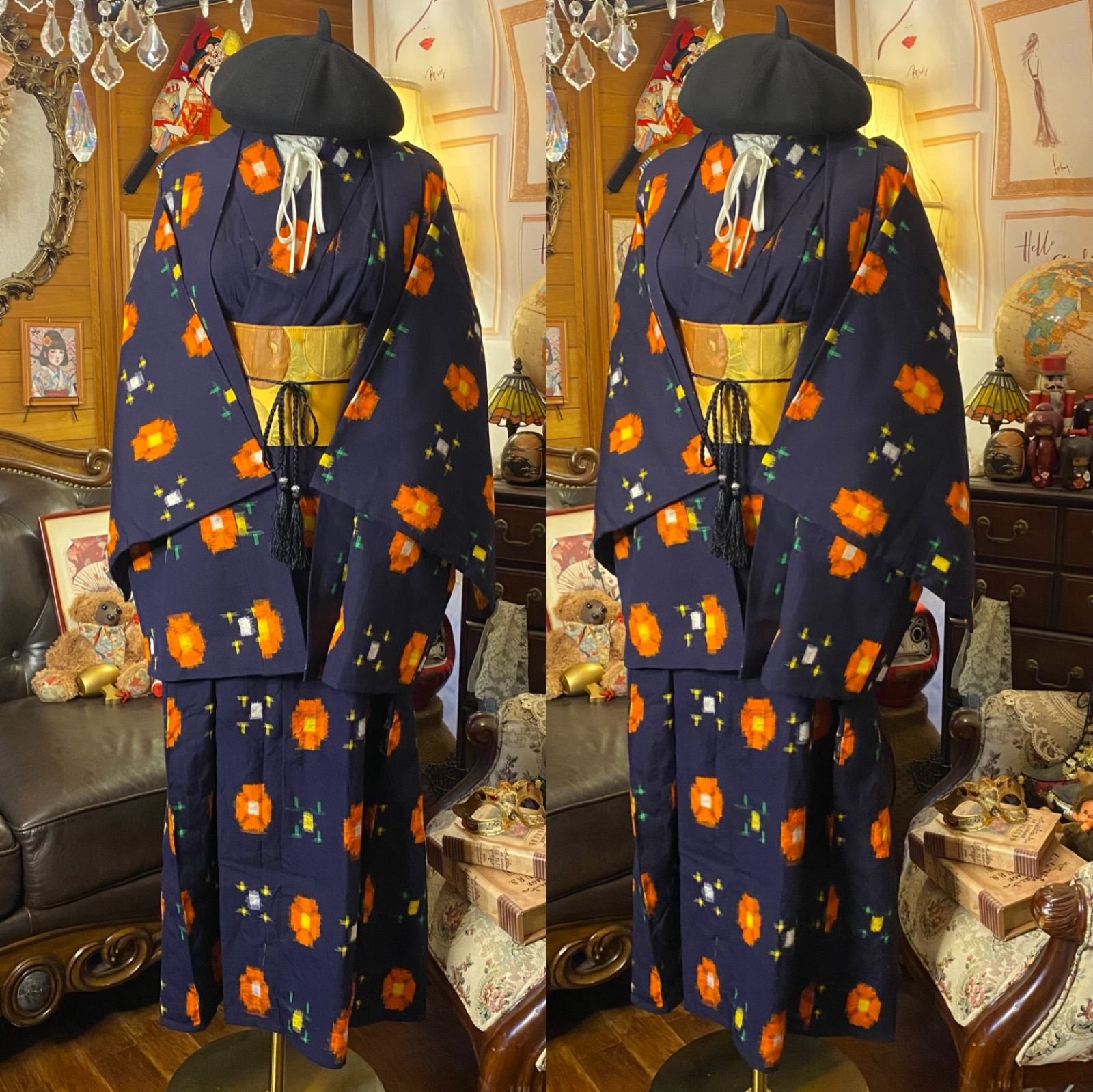 和洋折衷ロングワンピース 着物アンサンブル 名古屋帯サッシュベルト付き ハンドメイド レトロ 古着 濃紺地にオレンジの抽象花紋 aKW-118