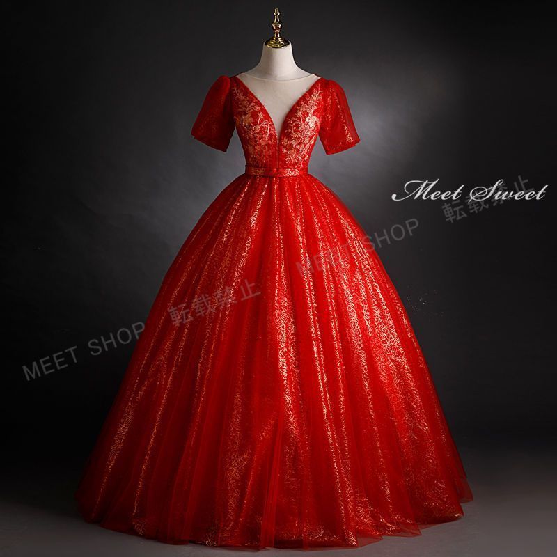 ウェディングドレス ドレス ロング 演奏会 イブニングドレス プリンセスライン ステージ 発表会 コンサート 大人 レッド 袖付き 演出服 結婚式 二次会 パーティードレス 披露宴 CLF 066