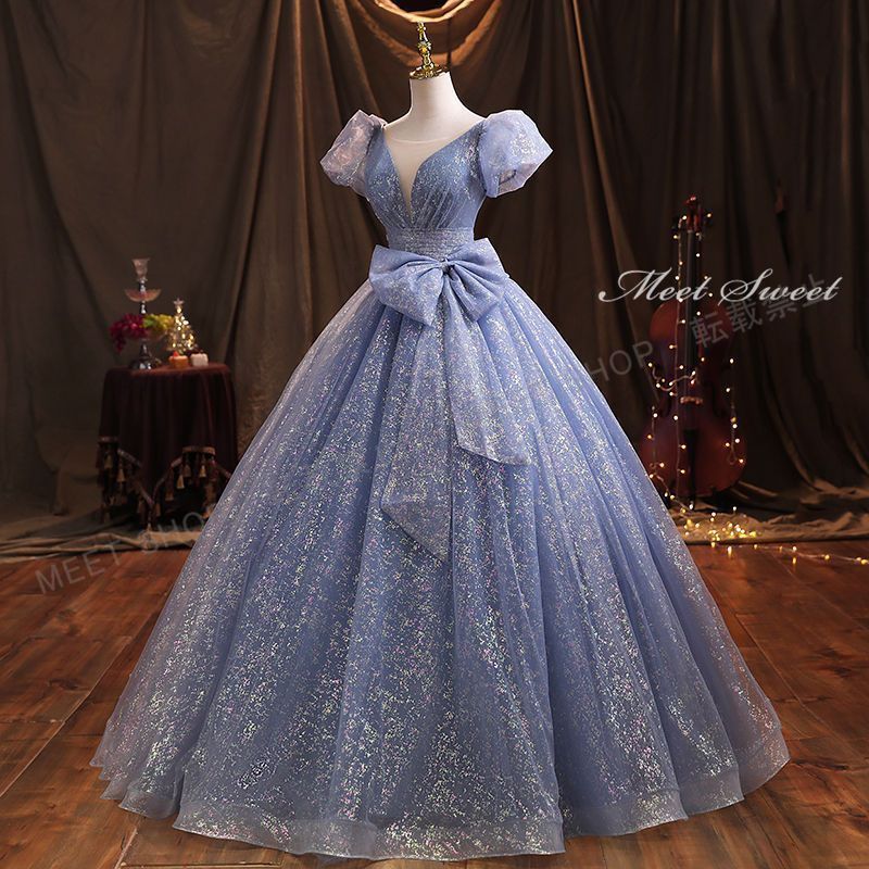 ウェディングドレス カラードレス 最新 ロングドレス 演奏会 ブルー