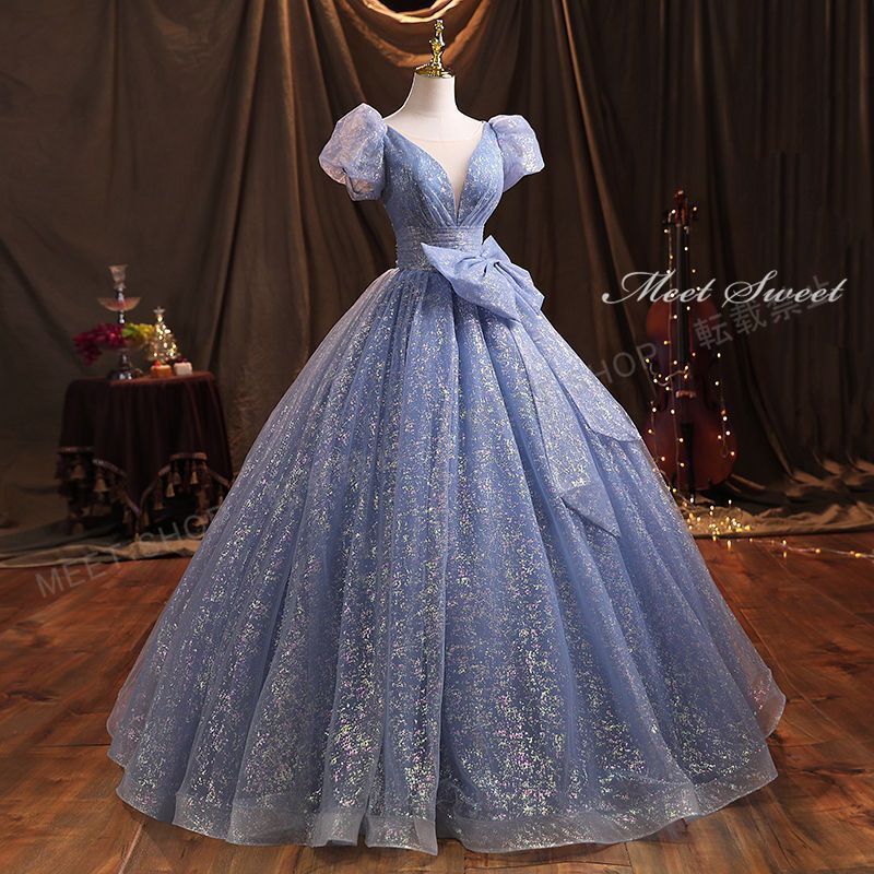 ウェディングドレス カラードレス 最新 ロングドレス 演奏会 ブルー