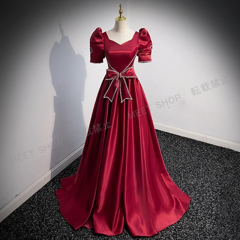 ドレス 編み上げ ワインレッド 半袖 リボン サテン 赤 ロングドレス 結婚式 二次会 発表会 演奏会 ウェディングドレス ウエディングドレス Aラインドレス イブニングドレス コンサート 前撮り パーティードレス ブライダル 花嫁 披露宴CLF 096