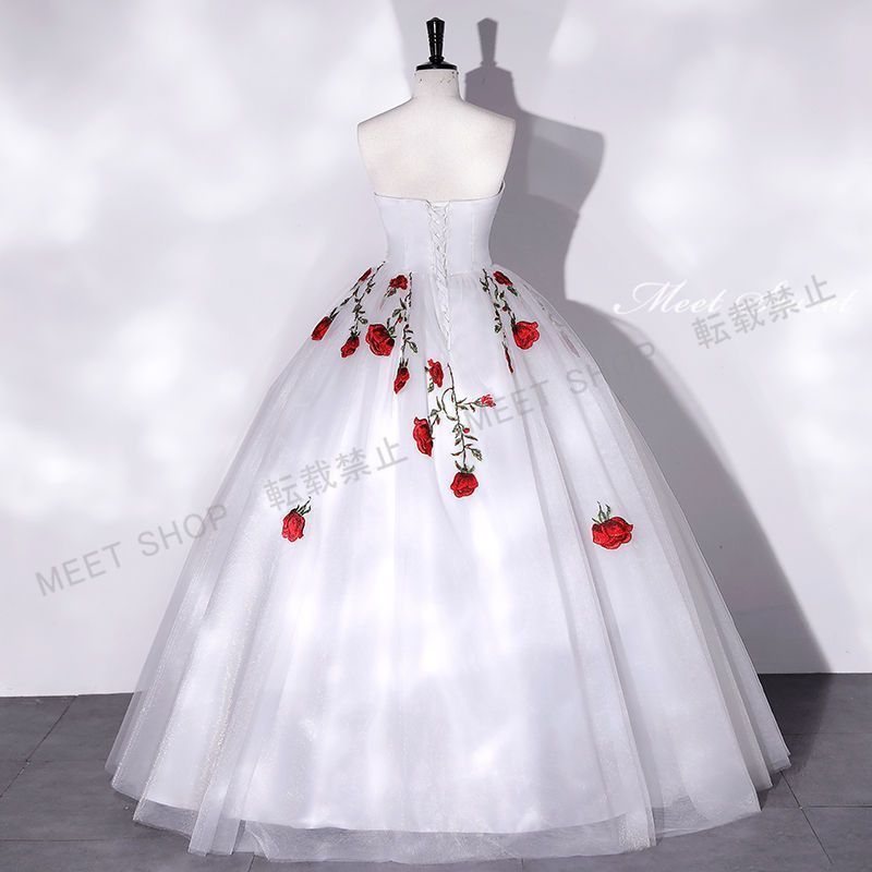 ウエディングドレス ドレス ロング 演奏会 イブニングドレス プリンセスライン ステージドレス ビスチェ 発表会 コンサート 花嫁 ホワイト ローズ バラ柄 結婚式 二次会 パーティードレス カクテルドレス CLF078