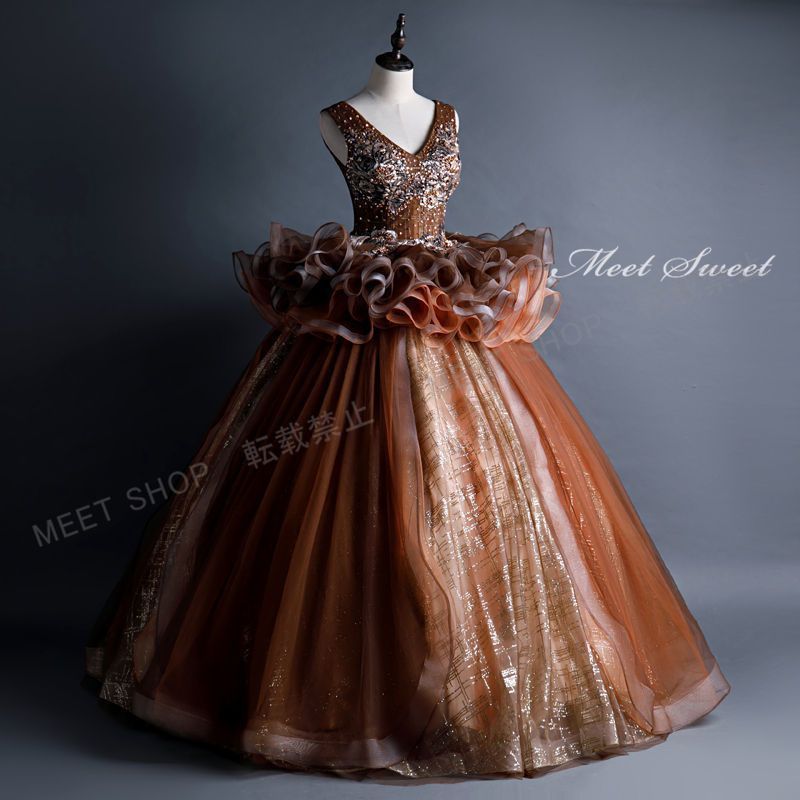 ウェディングドレス ウエディングドレス ドレス 舞台衣装 ロングドレス 演奏会用ドレス 袖なし ノースリーブ 茶色 発表会ドレス 大人 コンクール コンサート オペラ ステージドレス 声楽 上品 大きいサイズ 二次会 イブニングドレス CLF 229