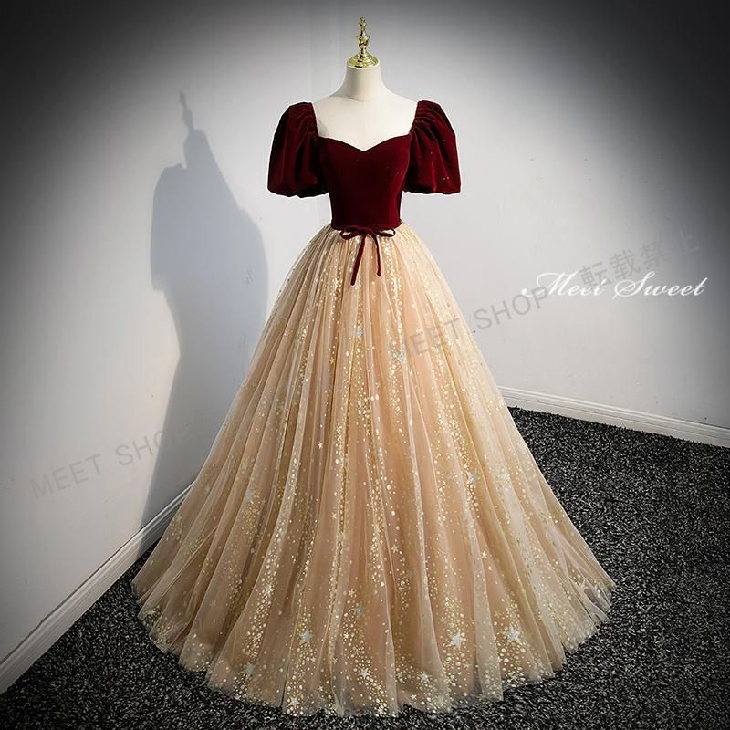 ドレス 編み上げ シャンパン パフスリーブ ステージ ロングドレス 結婚式 二次会 発表会 演奏会 ウェディングドレス ウエディングドレス プリンセスドレス イブニングドレス コンサート 前撮り パーティードレス ブライダル 花嫁 披露宴CLF 095