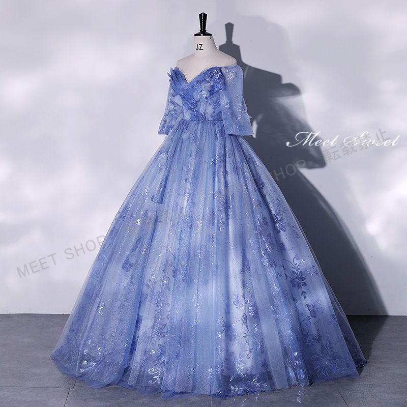 ウェディングドレス ドレス ロング 演奏会 イブニングドレス プリンセスライン ステージ 発表会 コンサート コンクール 大人 青 ブルー 花柄 袖付き 結婚式 二次会 パーティードレス 披露宴 CLF 075