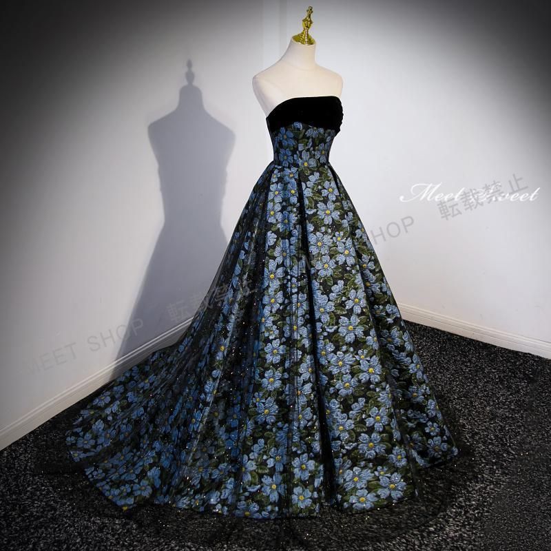 カラードレス 編み上げ 花柄 ビスチェ ベアトップ ロング 結婚式