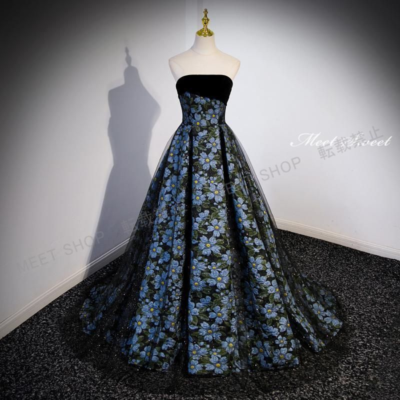 カラードレス 編み上げ 花柄 ビスチェ ベアトップ ロング 結婚式