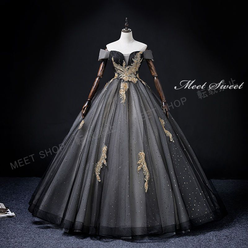 ウェディングドレス ドレス ロング 演奏会 イブニングドレス プリンセスライン ステージドレス 発表会 コンサート 演出 大人 ブラック オフショルダー 編み上げ 結婚式 二次会 パーティードレス CLF 068