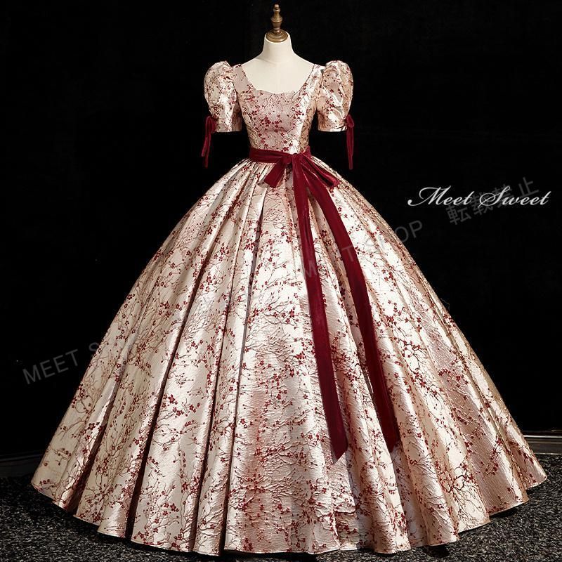 ドレス 編み上げ レッド 花柄 ステージドレス ロングドレス 結婚式 二次会 発表会 演奏会 ウェディングドレス ウエディングドレス プリンセスドレス イブニングドレス コンサート コンクール パーティードレス ブライダル 花嫁 披露宴CLF 100