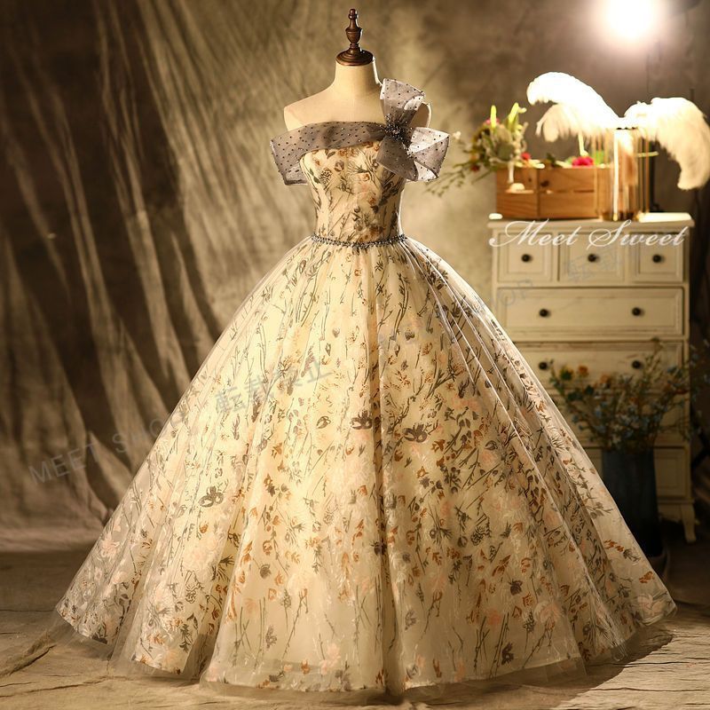 ウエディングドレス 演奏会 花柄 ステージドレス ドレス ウェディングドレス プリンセスラインロングドレス 発表会ドレス パーティードレス ゴールド ゴージャス 姫系 結婚式 二次会 イブニングドレス 花嫁 CLF 221