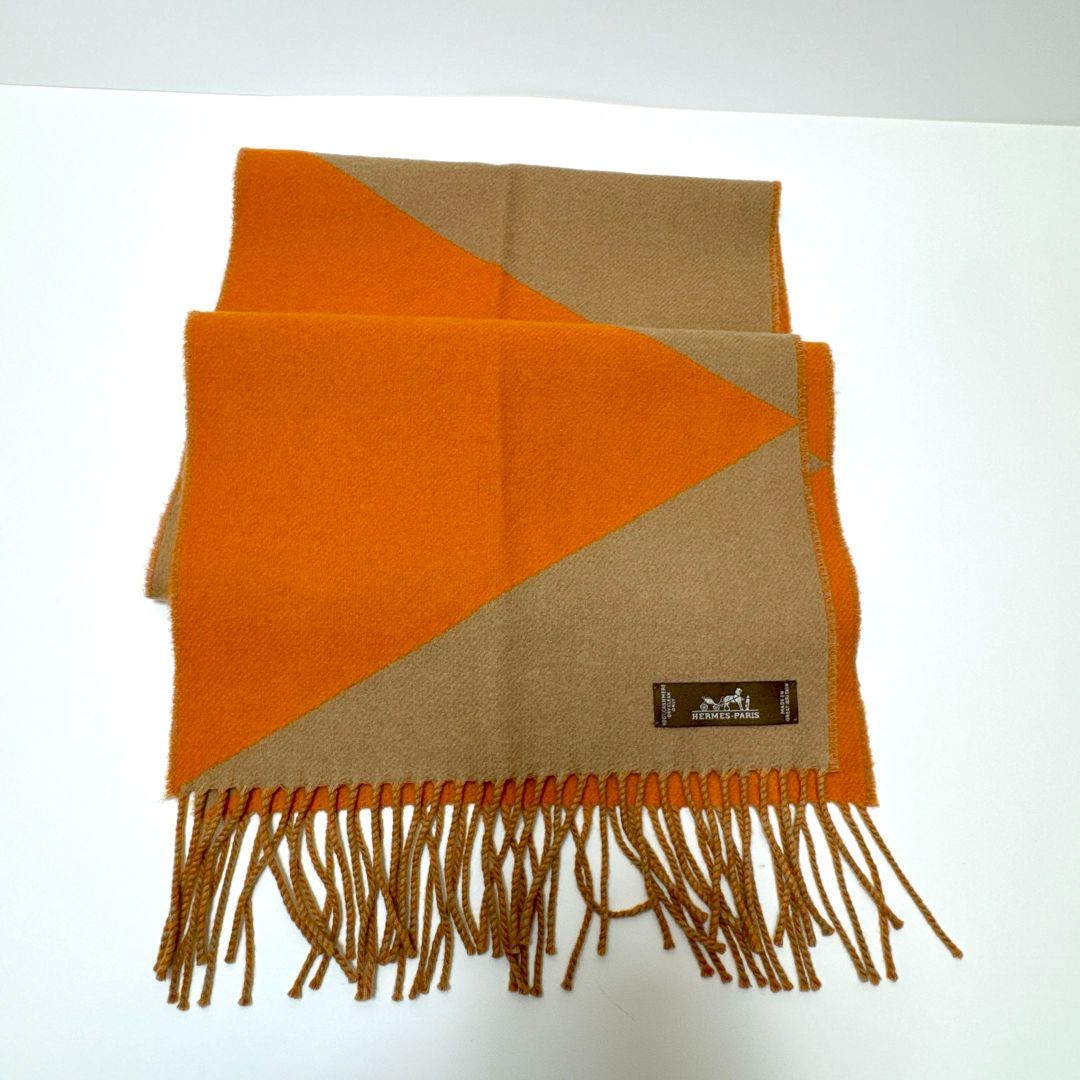 HERMES エルメス カシミヤ マフラー オレンジ x ベージュ フリンジ付き