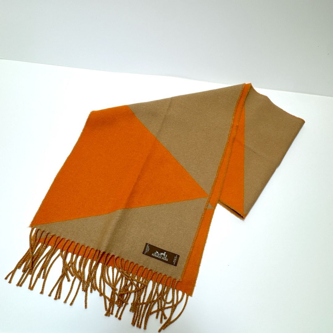 HERMES エルメス カシミヤ マフラー オレンジ x ベージュ フリンジ付き