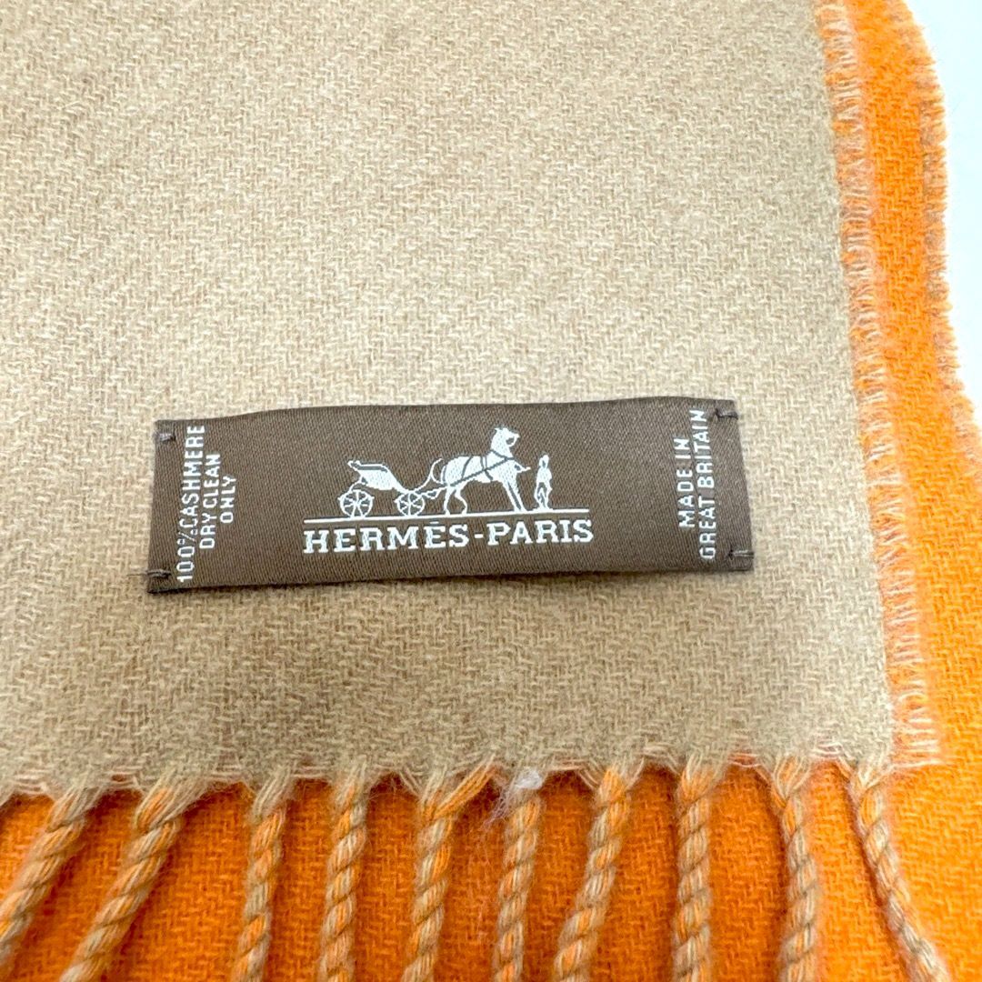 ★美品★HERMES オレンジ ベージュ マフラー HERMES エルメス ロゴ刺繍 カシミヤ フリンジ マフラー オレンジ