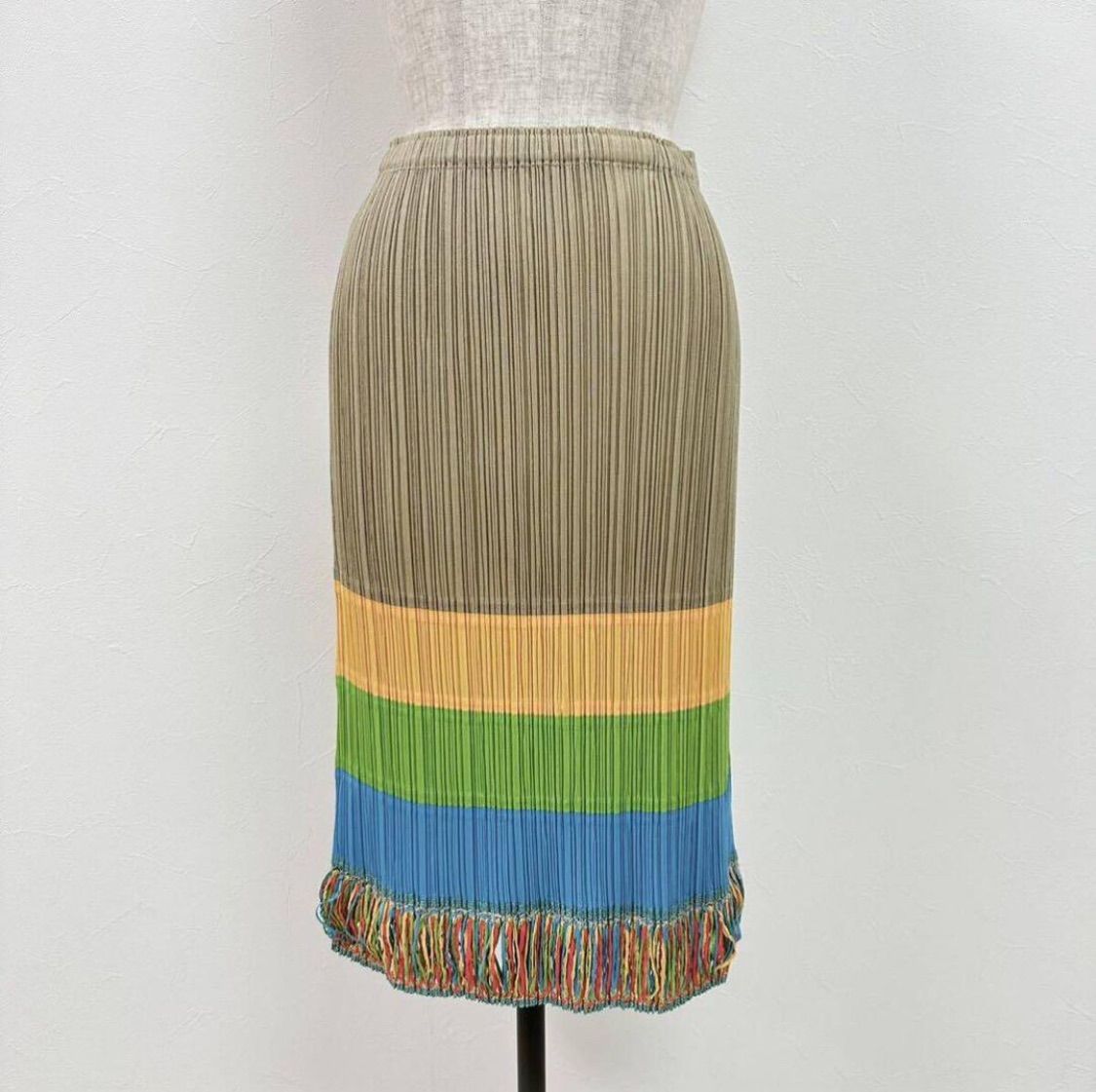 PLEATS PLEASE ISSEY MIYAKE プリーツプリーズ イッセイミヤケ プリーツ ボーダー 切り替え フリンジ スカート MADE IN JAPAN 3