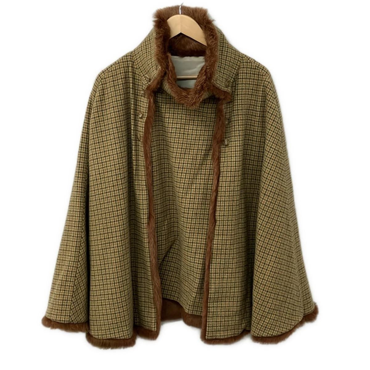 TSUMORI CHISATO ツモリチサト ポンチョ サイズ2 M レディース - ベージュ×ブラウン×マルチ チェック柄 マスクラットファー 秋 冬