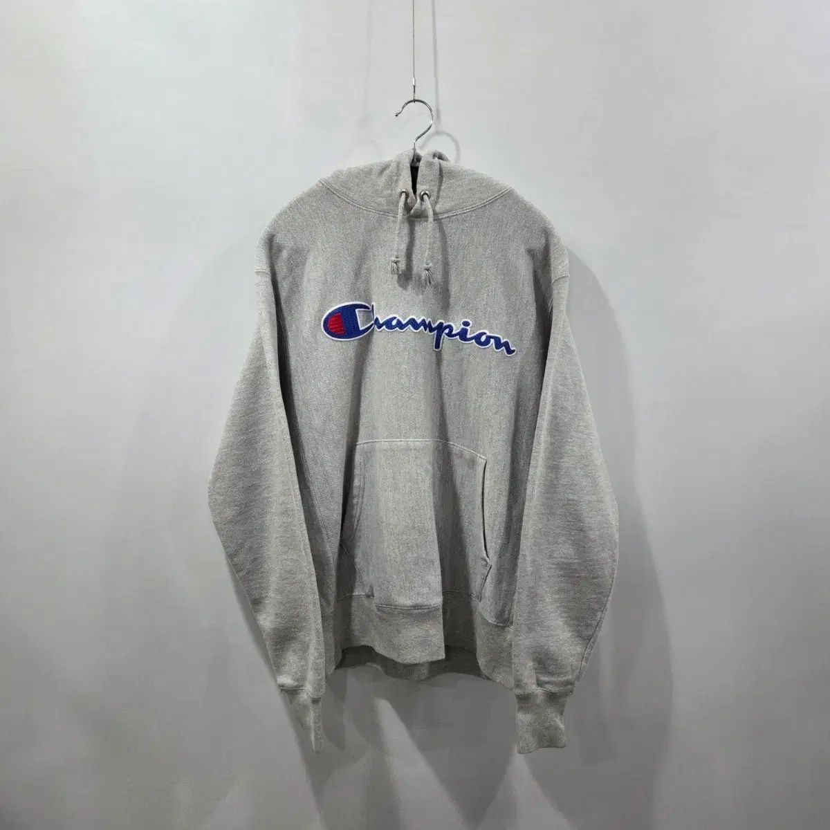 Champion ブルー タグ リバースウィーブ 刺繍 ロゴ 起毛 フード Tシャツ M