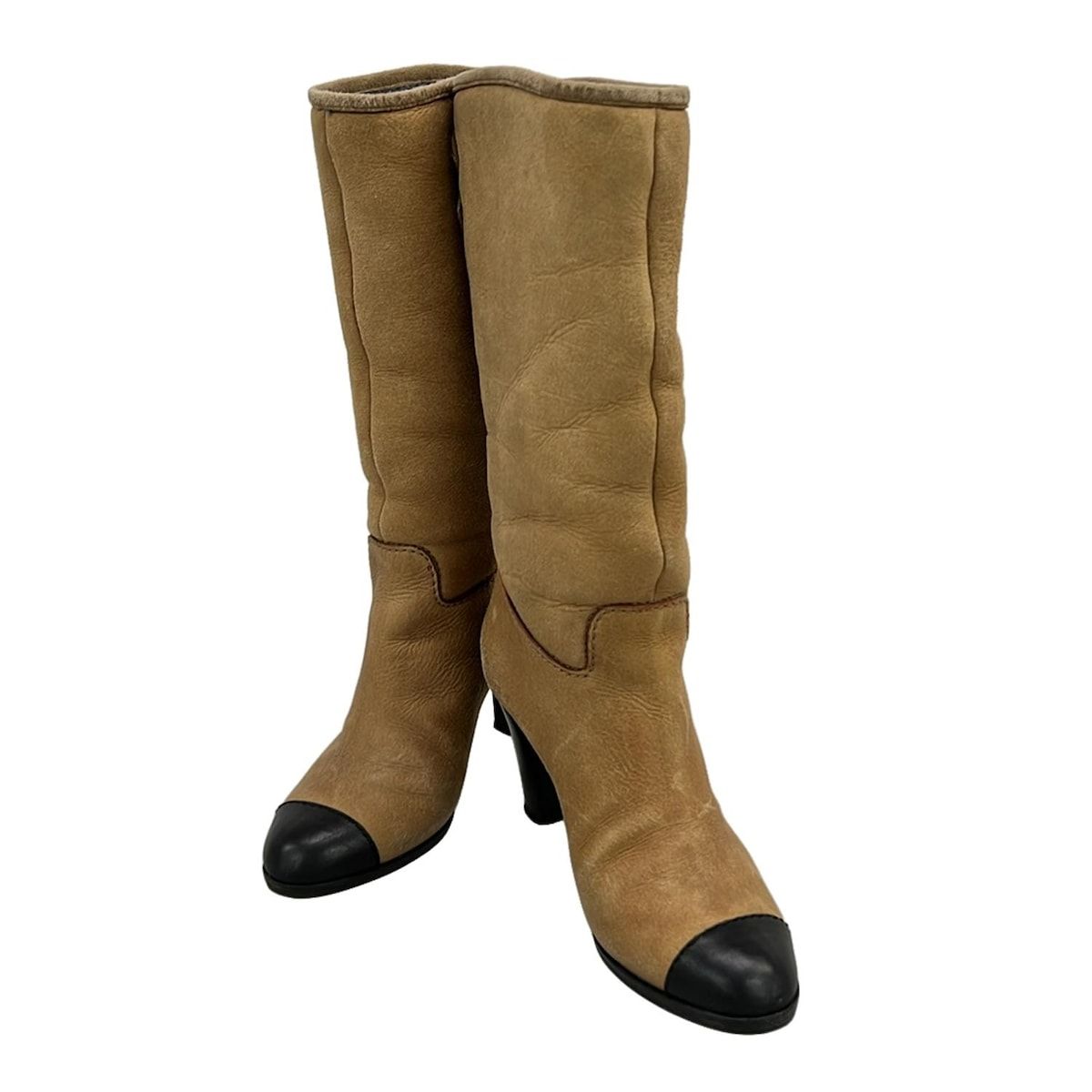 CHANEL(シャネル) ロングブーツ 36 C レディース ベージュ×黒 アウト