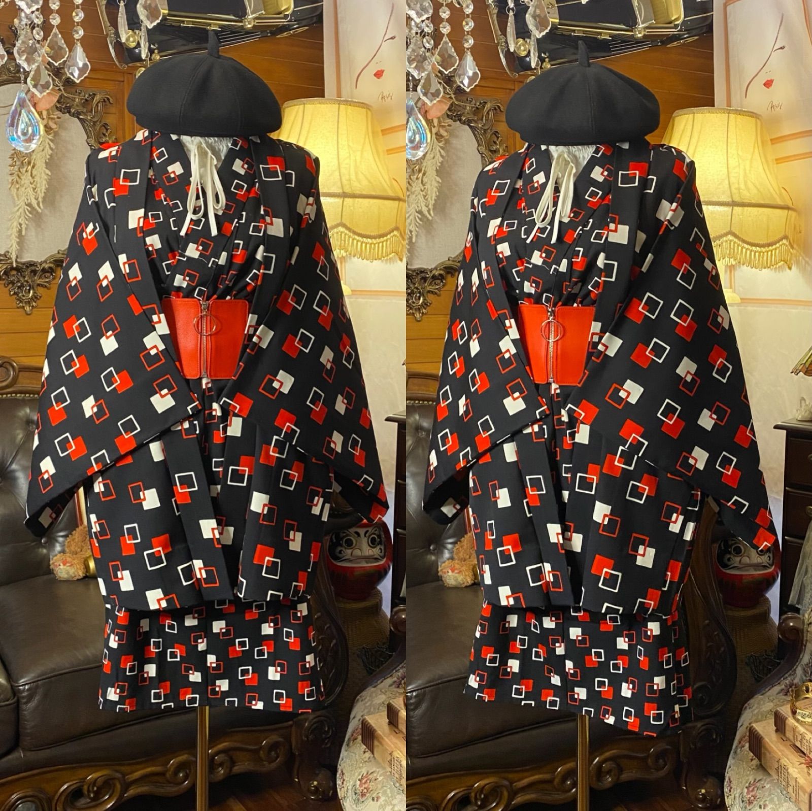 和洋折衷ミニミディワンピース 着物アンサンブル コルセット太ゴムベルト付き ハンドメイド レトロ 古着 黒×赤白 スクエア紋 aKW-118