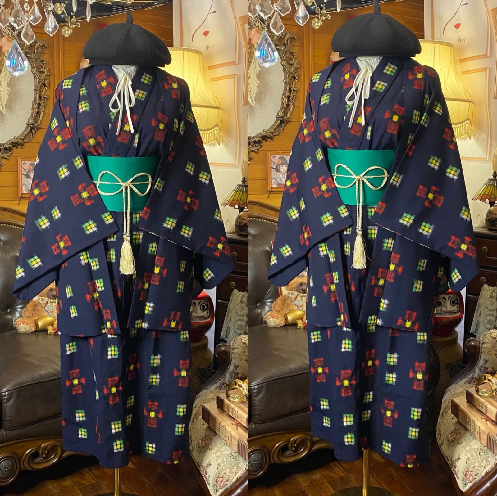 和洋折衷セミロングワンピース 着物アンサンブル 帯サッシュベルト付き ハンドメイド レトロ 古着 濃紺 カラフル絣紋 aKW-119