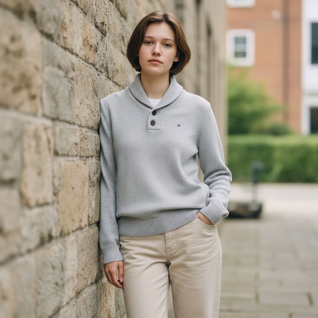 TOMMY HILFIGER トミーヒルフィガー ショールカラーニット ハーフボタンニットセーター 秋冬トップス ニット コットン グレー【】 ユニセックス